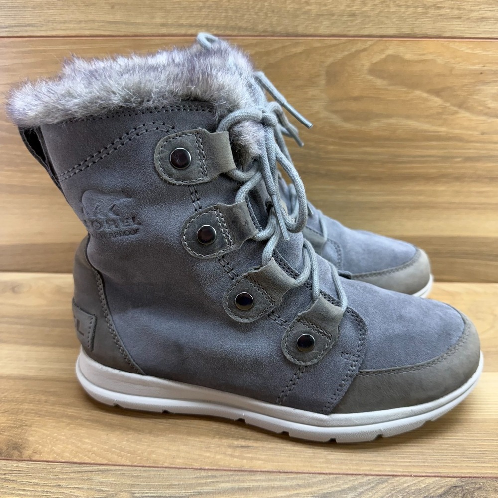 SOREL Explorer Joan Boots Womens 6 Gray Suede Waterproof Faux Fur Gorpcore